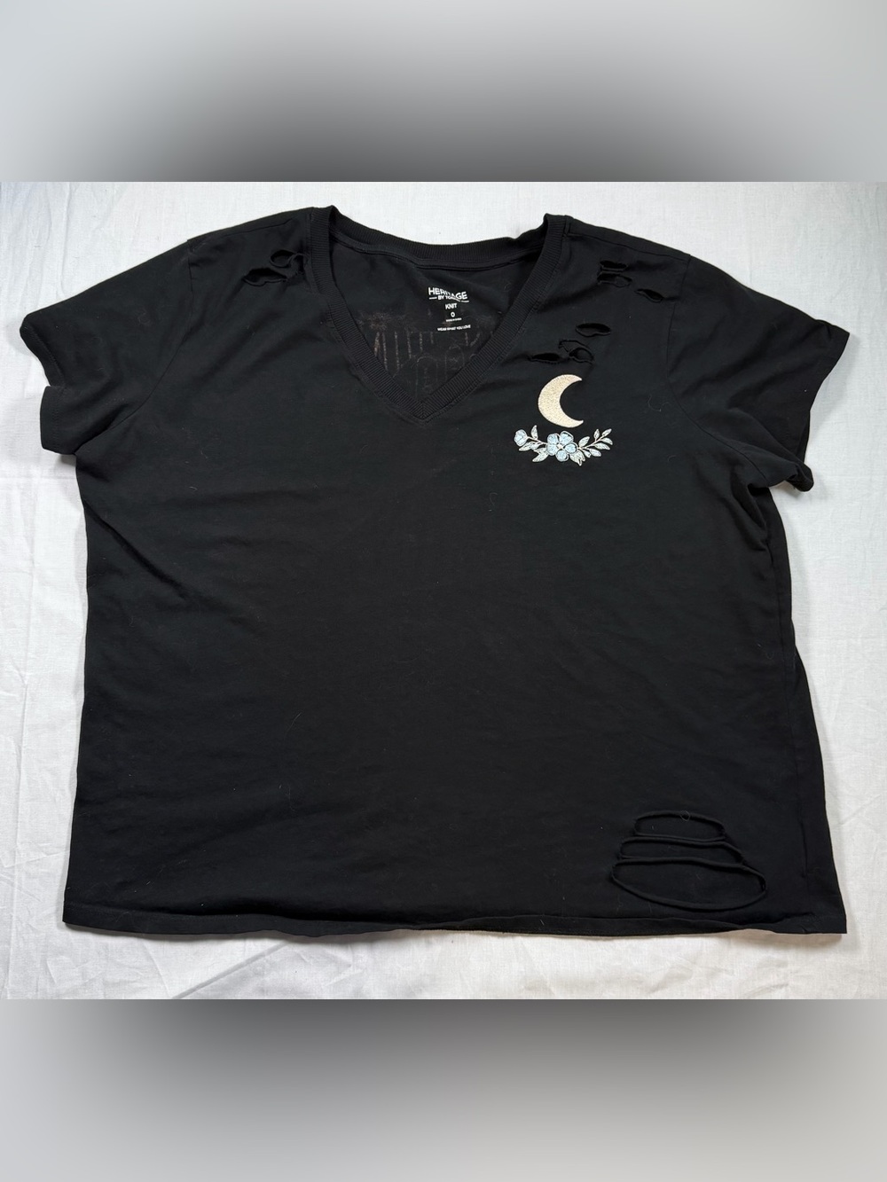 Heritage Destructed Black V-Neck Tee with Gold Moon & Pale Blue Floral Patch